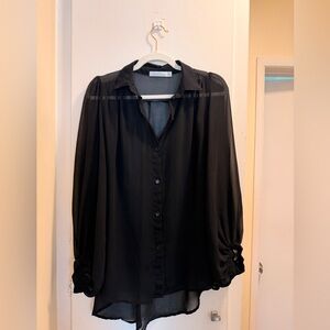 MINKPINK Sheer Chiffon Balloon Sleeve Blouse | Black | Size XS